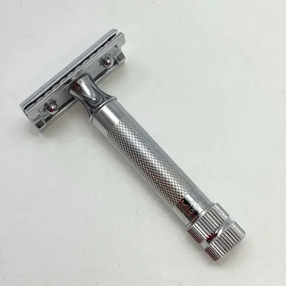 Vintage MERKUR Germany Chrome Double Edge Twist Handle Razor + Gillette Blades